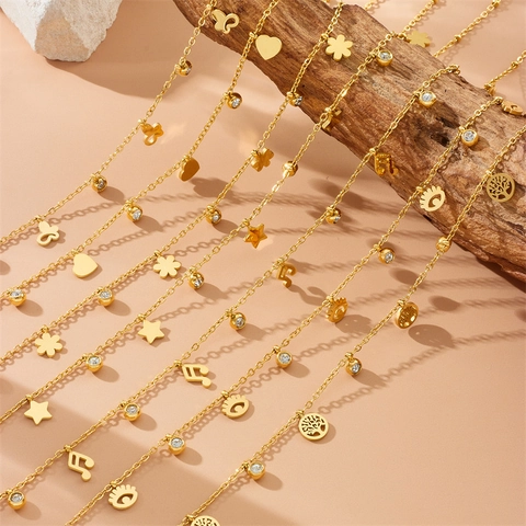 Minimalist Stainless Steel Rhinestone Pendant Necklace Gold Plated Butterfly Heart Star Music Note Evil Eye Tree Of Life Jewelry For Women