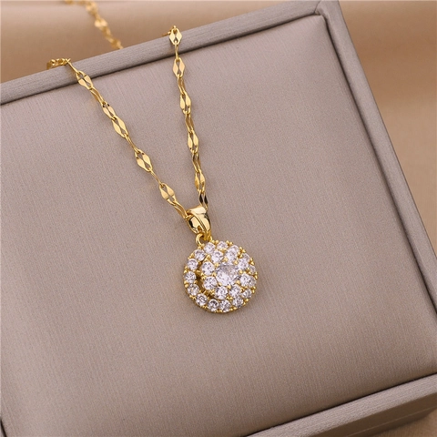 Rotating Titanium Steel Pendant Necklace For Women Gold Plated Water Wave Chain Sparkly Round Zirconia Spinning Jewelry Gift