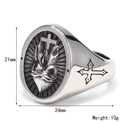 Vintage Stainless Steel Sacred Heart Cross Signet Ring For Men Religious Gothic Punk Oxidized Silver Finger Jewelry