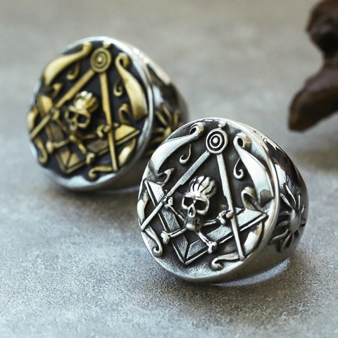 Vintage Men Stainless Steel Gothic Skull Ring Masonic Freemasonry Symbol Carved Signet Ring Punk Rock Retro Jewelry Gift