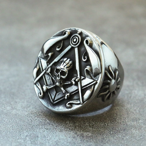 Vintage Men Stainless Steel Gothic Skull Ring Masonic Freemasonry Symbol Carved Signet Ring Punk Rock Retro Jewelry Gift