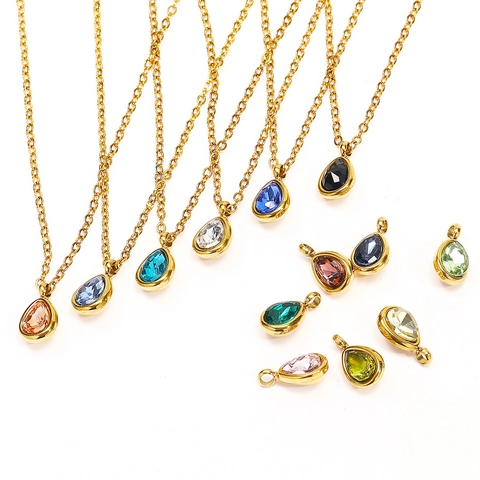 Collier Pendentif Goutte d'Eau en Acier Inoxydable Strass Coloré pour Femme Elégant Douce Chaîne de Clavicule Réglable Bijoux