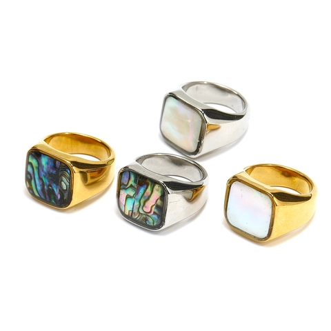 Minimalist Stainless Steel Square Inlaid White Shell Abalone Mother Of Pearl Ring High Quality Titanium Steel Unisex Ring Finger Jewelry