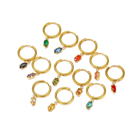 Boucles d'Oreilles Créoles en Acier Titane Zircone pour Femmes Plaqué Or 18K Coupe Marquise Pierre Colorée Bijoux