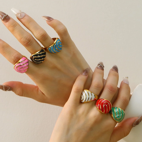 Anillo de Esmalte Vintage Francés para Mujer de Acero Inoxidable Chapado en Oro Patrón de Onda Espiral Irregular Joyería Moda