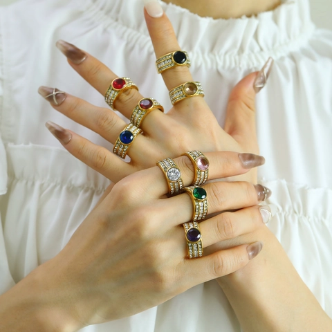 Vintage Round Zirconia Gold Plated Titanium Steel Ring For Women Fashion Luxury Geometric Colorful Gemstone Finger Ring Jewelry