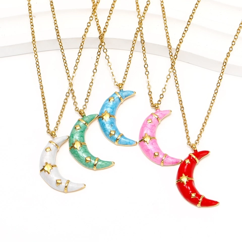 Titanium Steel 18K Gold Plated Enamel Moon Star Pendant Necklace For Women Elegant Celestial Dainty Clavicle Chain Jewelry