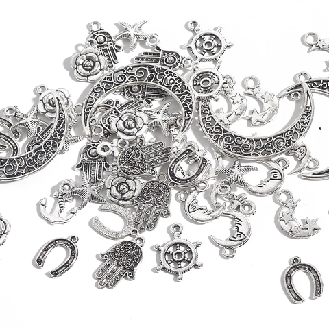 Antique Silver Alloy Pendants For DIY Jewelry Making Charms Hamsa Hand Moon Star Flower Starfish Eiffel Tower Anchor Rudder Vintage Accessories