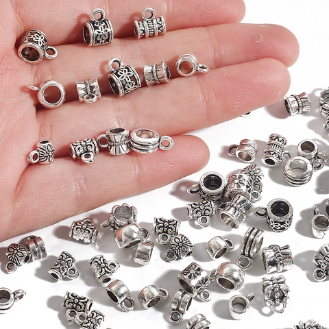 Antique Silver Plated Alloy Bail Beads Vintage Carved Cylinder Connector Pendants DIY Jewelry Findings For Necklace Bracelet Making