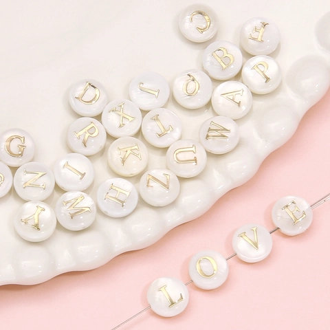Perline In Conchiglia Naturale Di Madreperla Con Lettere E Numeri Tonde Piatte Con Alfabeto Oro Per Creazione Gioielli Fai Da Te