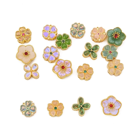 Copper Plated Gold Flower Spacer Beads DIY Cherry Blossom Plum Blossom Clover Glass Beads Rhinestone For Jewelry Making Accessories