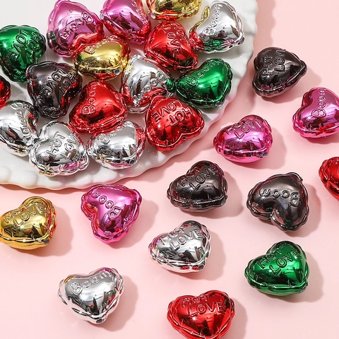Heart Shaped Beads Acrylic Metallic Electroplated Embossed Letters For DIY Jewelry Making Bracelet Necklace Accessories