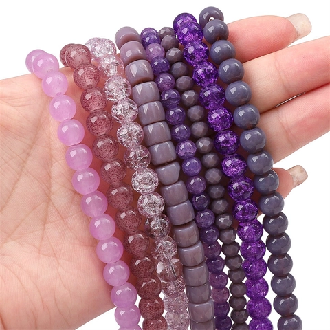 Purple Glass Beads Mixed Style DIY Jewelry Making Kit Round Wheel Crackle Loose Beads For Bracelet Necklace Handcrafts