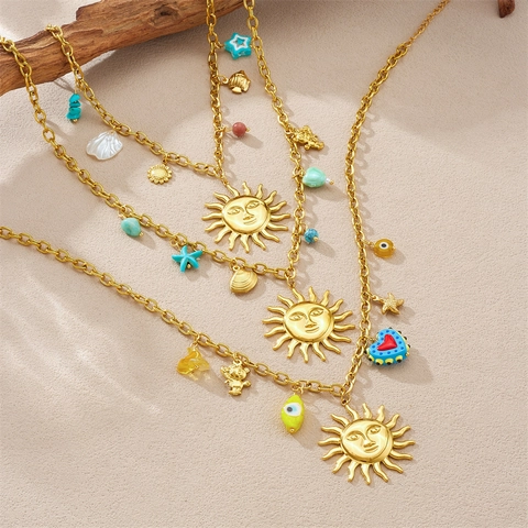 Stainless Steel Gold Plated Ocean Theme Charm Necklace For Women Conch Starfish Heart Sun Artificial Pearl Bohemian Jewelry