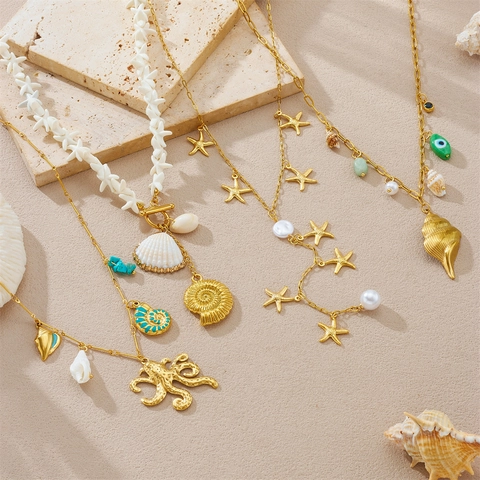 Gold Plated Stainless Steel Octopus Conch Starfish Artificial Pearl Pendant Necklace For Women Ocean Beach Summer Vacation Jewelry