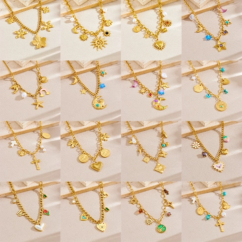 Vintage Gold Plated Stainless Steel Multi Pendant Necklace For Women Artificial Pearl Rhinestone Sun Heart Flower Jewelry Gift