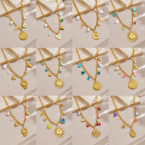 Stainless Steel Gold Plated Ocean Theme Charm Necklace For Women Conch Starfish Heart Sun Artificial Pearl Bohemian Jewelry