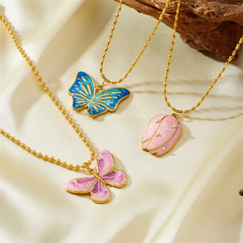 Roestvrijstalen Vlinder Tulp Bloem Hanger Ketting Verguld Emaille Gradiënt Sieraden Voor Vrouwen Zoet Cadeau