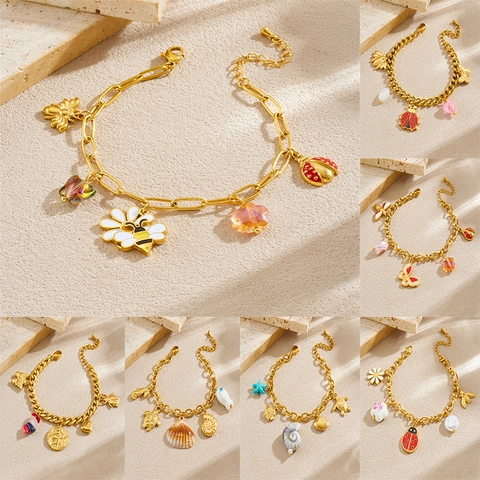 Bracelet à Breloques Papillon Abeille Coccinelle en Acier Inoxydable Plaqué Or pour Femme Bijoux Chaîne Réglable Émail