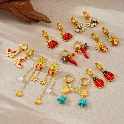 Korean Style Stainless Steel Gold Plated Insect Enamel Earrings For Women Butterfly Bee Ladybug Flower Pendant Jewelry