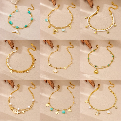 Stainless Steel Double Layer Ocean Theme Anklet With Shell Artificial Pearl Stone Dolphin Starfish Pendant Beach Jewelry For Women