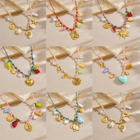 Bohemian Woven Rope Necklace Stainless Steel Pendant Heart Sun Fruit Sea Shell Charms Handmade Beach Resort Jewelry For Women
