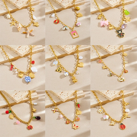 Pastoral Gold Plated Stainless Steel Multi Pendant Necklace For Women Enamel Bear Butterfly Ladybug Charm Jewelry