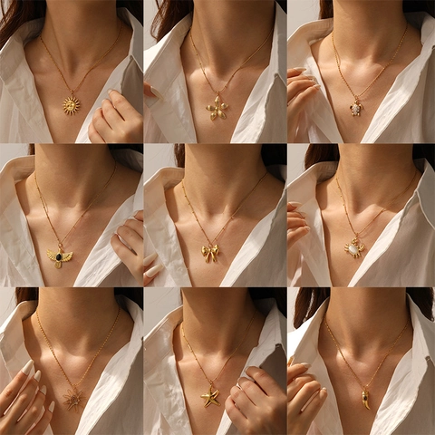 Stainless Steel Gold Plated Pendant Necklace Ocean Marine Life Bird Flower Bow Pentagram Rhinestone Necklace For Women Jewelry