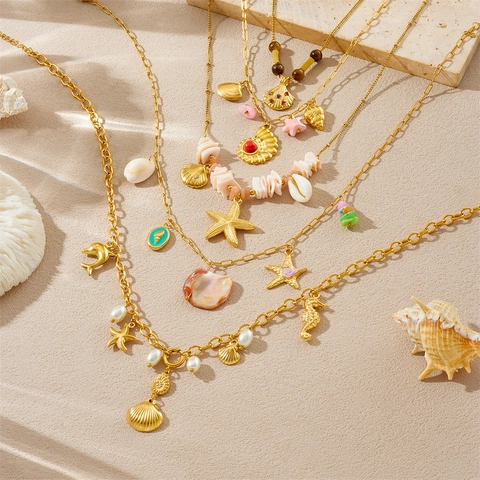 Gold Plated Stainless Steel Ocean Theme Necklace For Women Starfish Shell Conch Pendant Artificial Pearl Rhinestone Vacation Jewelry
