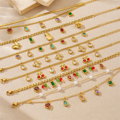 Luxury Stainless Steel Gold Plated Colorful Zirconia Fruit Heart Butterfly Pendant Bracelet For Women Fashion Jewelry