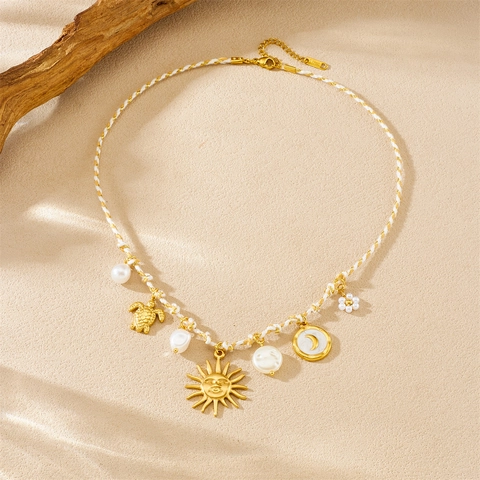 Bohemian Handmade Woven Rope Necklace For Women Stainless Steel Gold Plated Sun Moon Sea Turtle Starfish Artificial Pearl Pendant Vacation Jewelry