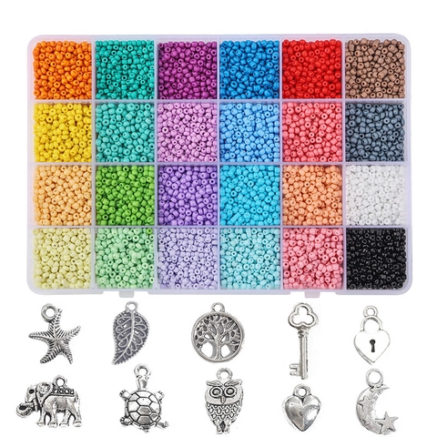 Glass Seed Beads Jewelry Making Colorful DIY Craft Beads With Alloy Pendants Elastic String Scissors For Bracelet Necklace