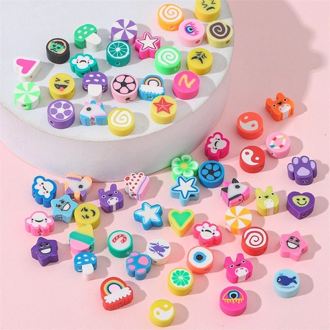 Perles en Pâte Polymère Couleurs Mixtes Cœur Smiley Nuage Fruit Étoile DIY Fait Main Bracelet Collier Accessoire Bijoux