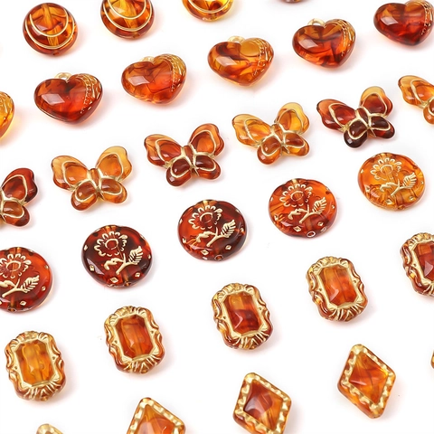 Vintage Amber Acrylic Beads With Gold Trim Butterfly Heart Leaf Shapes For DIY Jewelry Making Bracelet Necklace Charms