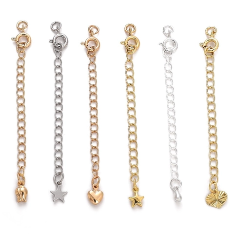 Alloy Gold Silver Plated Extender Chain Heart Star Teardrop Bud Charms Tail Extension Jewelry Components For DIY Making