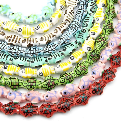 Hand Painted Fish Shape Ceramic Beads For DIY Jewelry Making Retro Style Striped Plaid Porcelain Beads For Necklace Earring