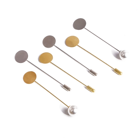 DIY Jewelry Making Alloy Stick Pin Brooch Base With Artificial Pearl Round Tray Long Safety Pin Handmade Craft Accessories Pack