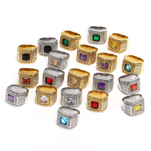 Anillo de Acero de Titanio con Estrás Cuadrado para Hombre Mujer Hip Hop Lujo Completamente Incrustado Geometría Regalo