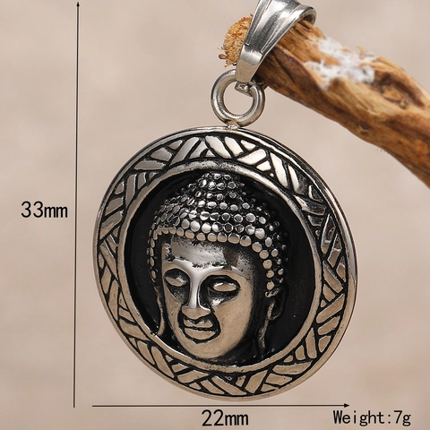 Vintage Punk Buddha Head Round Pendant Titanium Steel Necklace For Men Religious Ethnic Style Retro Jewelry Gift Accessory
