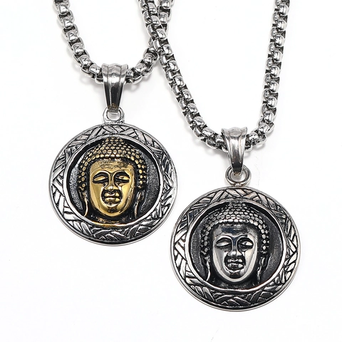 Vintage Punk Buddha Head Round Pendant Titanium Steel Necklace For Men Religious Ethnic Style Retro Jewelry Gift Accessory