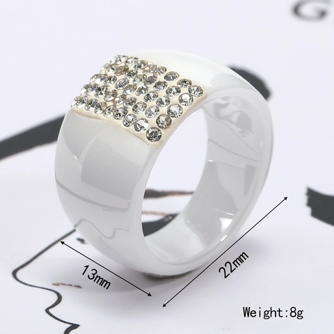 Fashion White Ceramic Wide Band Ring For Women Inlaid Rhinestone Minimalist Geometric Finger Ring Jewelry Gift