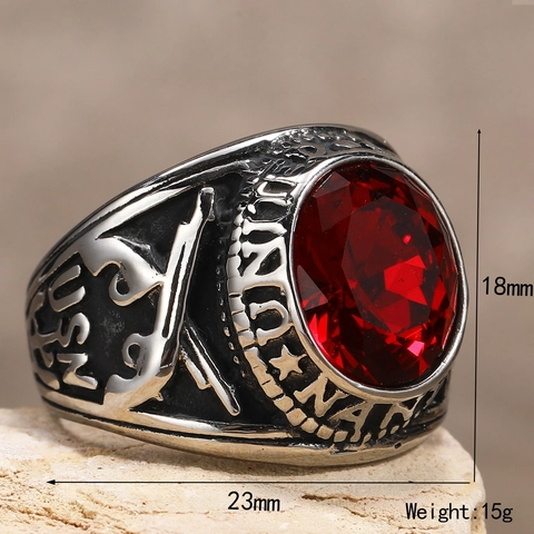 Men's Vintage US Navy Military Signet Ring Titanium Steel Red Cubic Zirconia Punk Rock Crossed Pistols Eagle Anchor Ring Jewelry