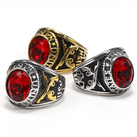 Men's Vintage US Navy Military Signet Ring Titanium Steel Red Cubic Zirconia Punk Rock Crossed Pistols Eagle Anchor Ring Jewelry
