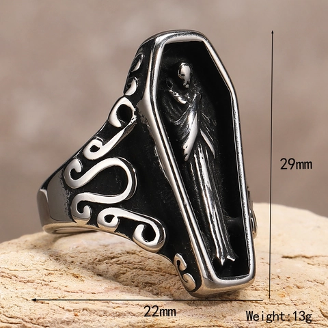 Vintage Punk Gothic Coffin Mummy Titanium Steel Ring For Men Retro Skull Embossed Biker Band Ring Halloween Jewelry Gift