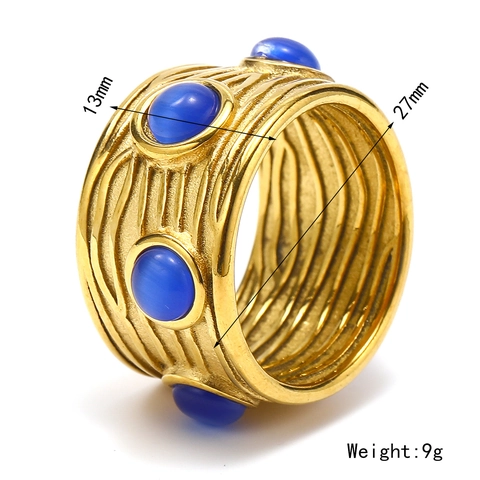 Vintage Stainless Steel Wide Band Open Ring Gold Plated Irregular Wave Texture Rhinestone Geometric Finger Ring For Women