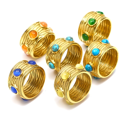 Vintage Stainless Steel Wide Band Open Ring Gold Plated Irregular Wave Texture Rhinestone Geometric Finger Ring For Women