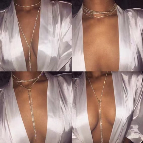 Luxury Multi Row Rhinestone Long Y Necklace For Women Shiny Alloy Choker For Wedding Party Prom Statement Jewelry