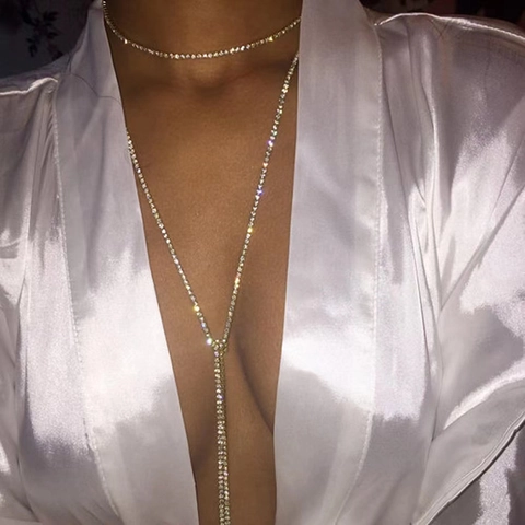 Luxury Multi Row Rhinestone Long Y Necklace For Women Shiny Alloy Choker For Wedding Party Prom Statement Jewelry