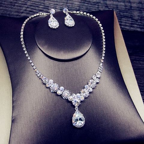 Luxurious Copper Zirconia Waterdrop Necklace And Earrings Set Rhinestone Bridal Wedding Jewelry Set For Women Party Decoration