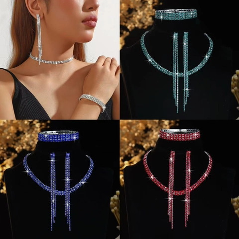 Luxury Rhinestone Necklace Bracelet And Earrings For Women Shiny Copper Jewelry Wedding Party Necklace Bracelet Earrings